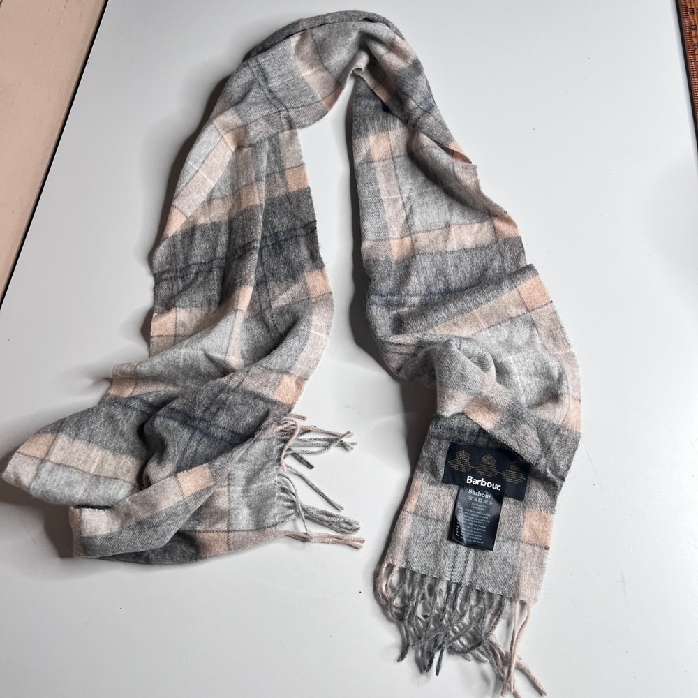 Barbour Wool Cashmere Plaid Scarf Grey Peach Tartan Fringed USC0157 BE71